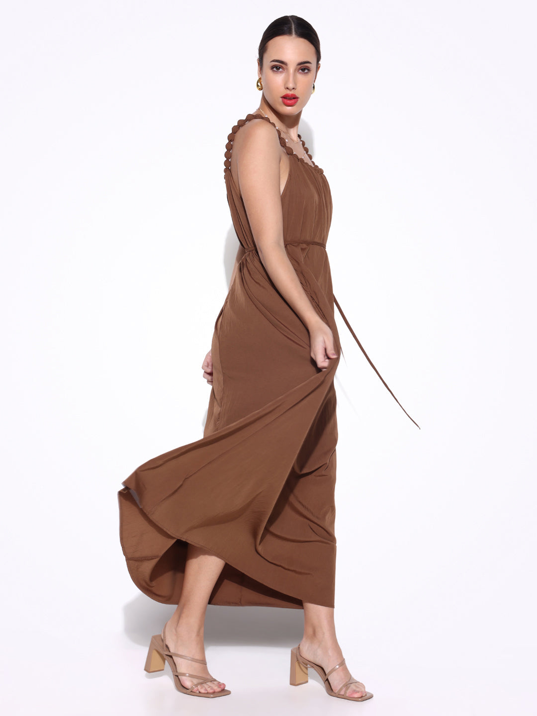 Women Solid Brown Fit and Flare Dress