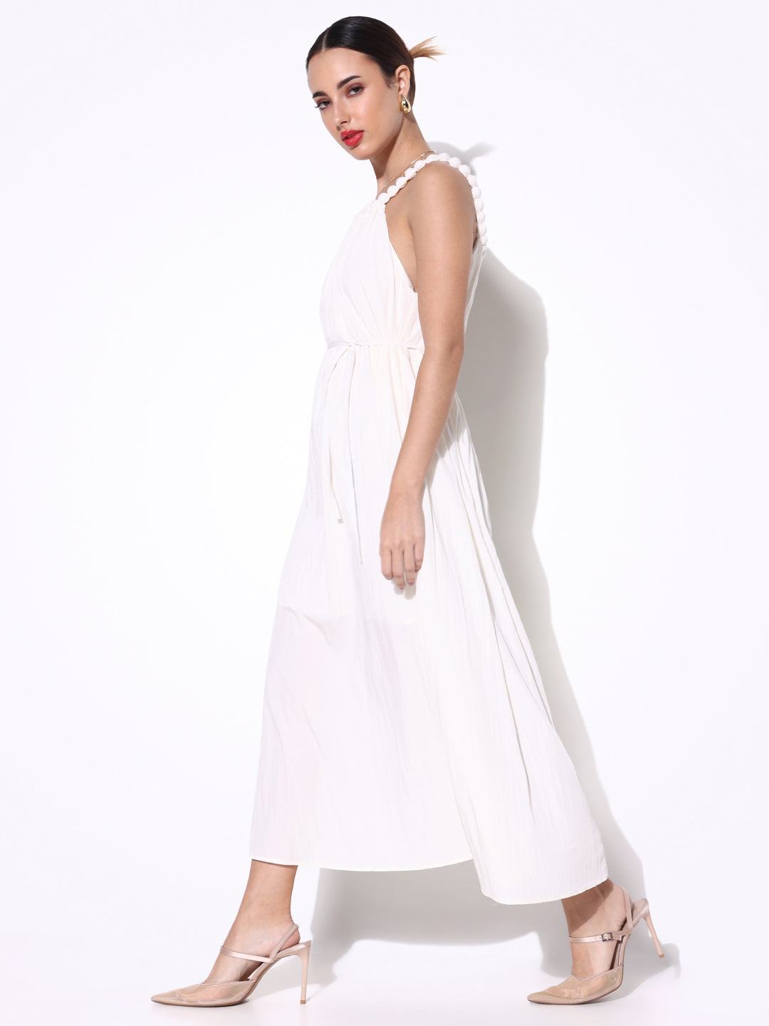 Women Solid Off White Fit and Flare Dress