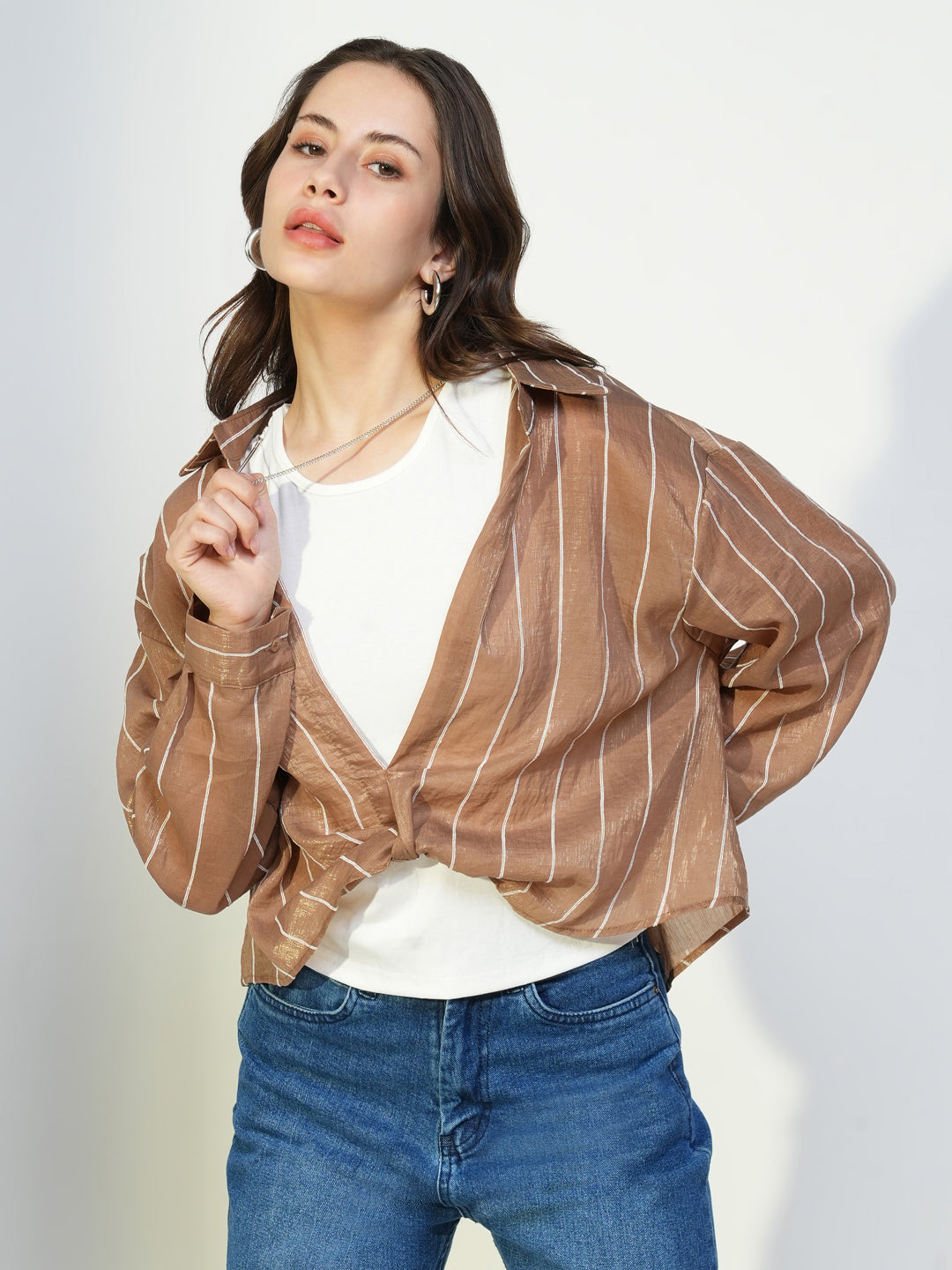 Women Brown Solid Top with Tank Top and Chain