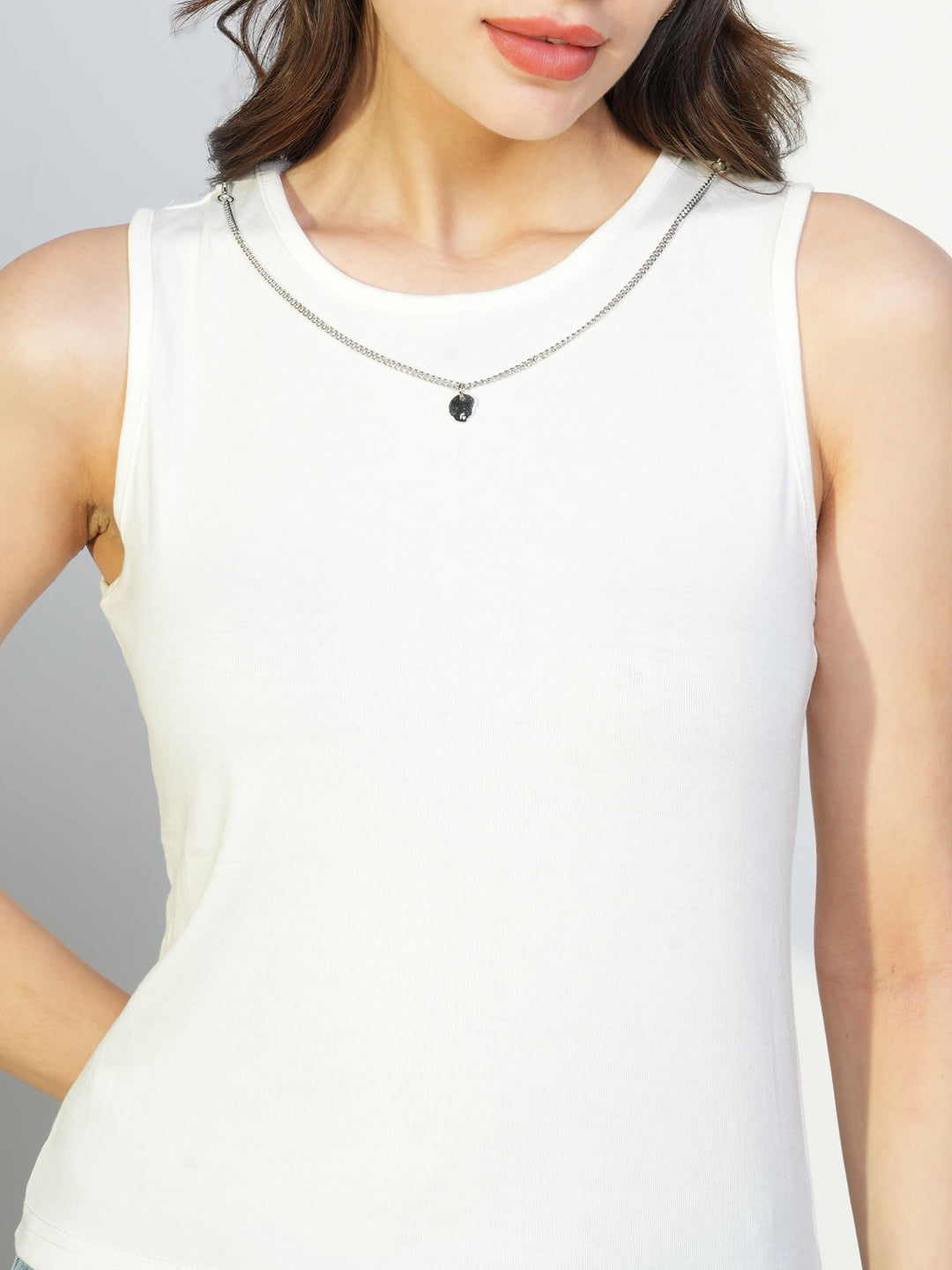 Women White Striped Top with Tank Top and Chain