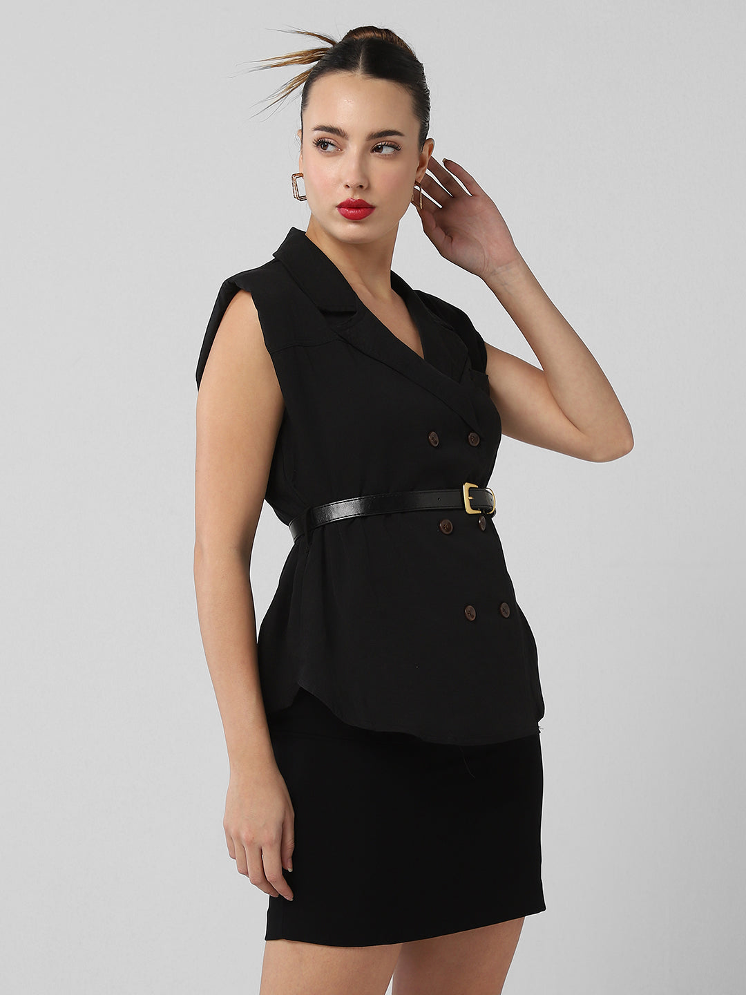 Women Black Solid Blazer Top with Belt