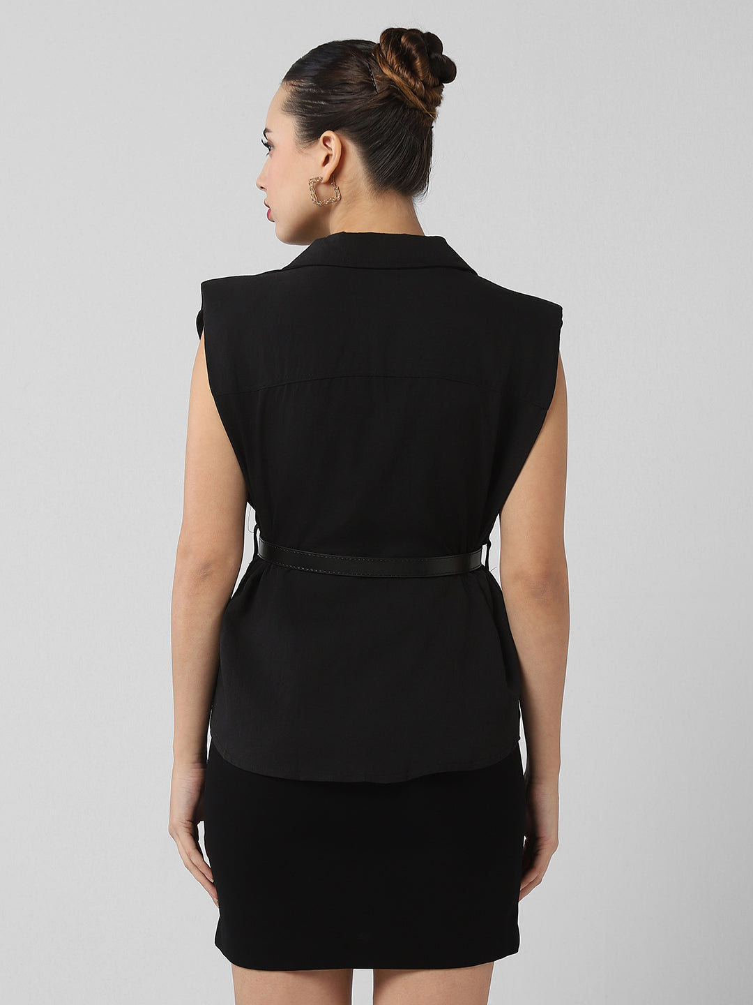 Women Black Solid Blazer Top with Belt