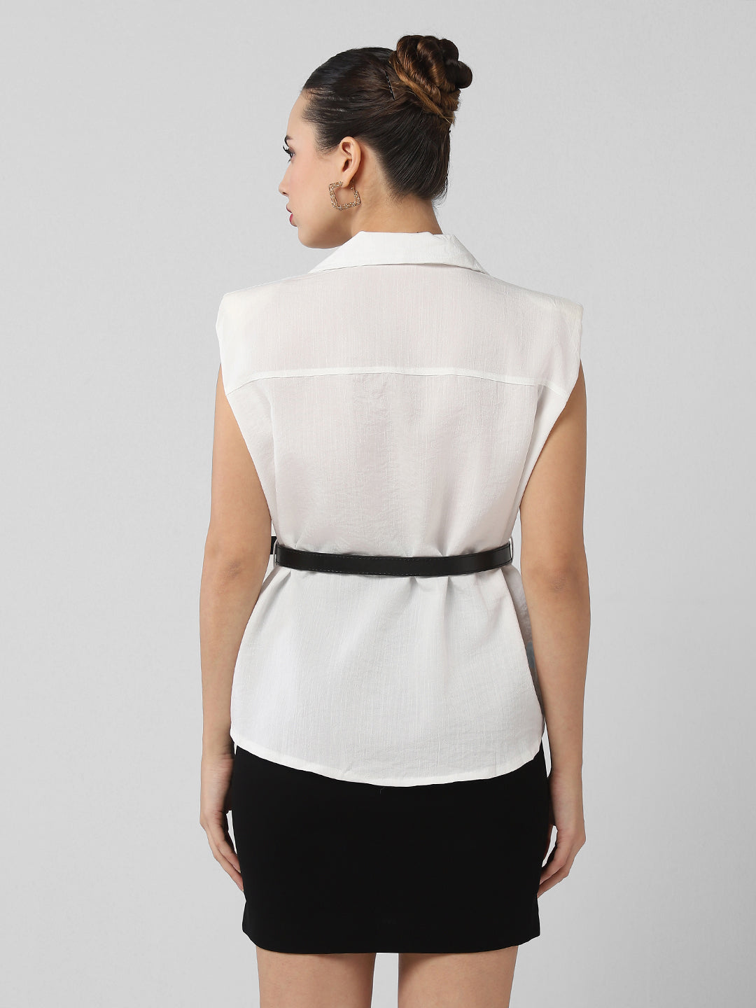 Women White Solid Blazer Top with Belt