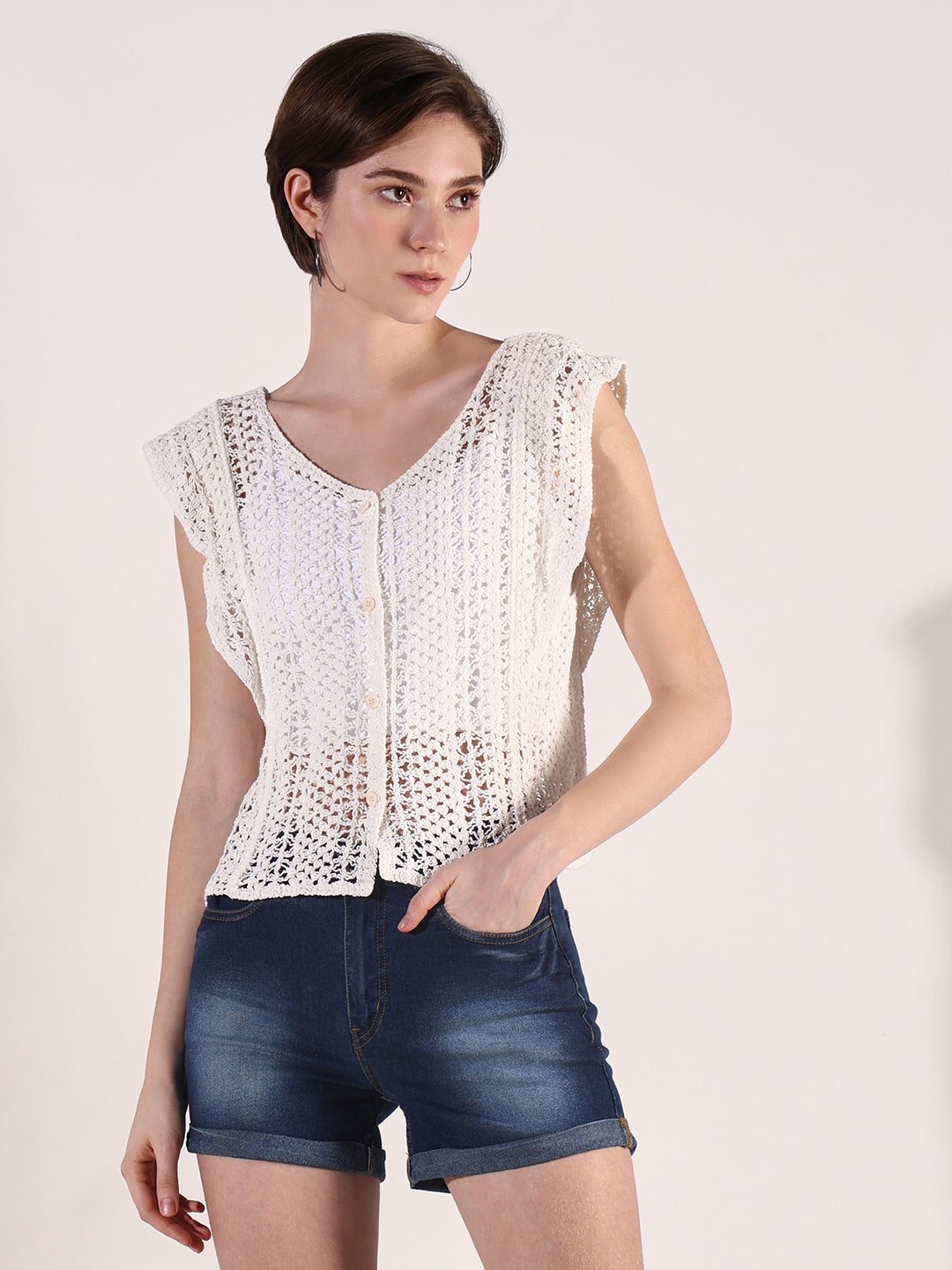 Women Off White Solid Crochet Top