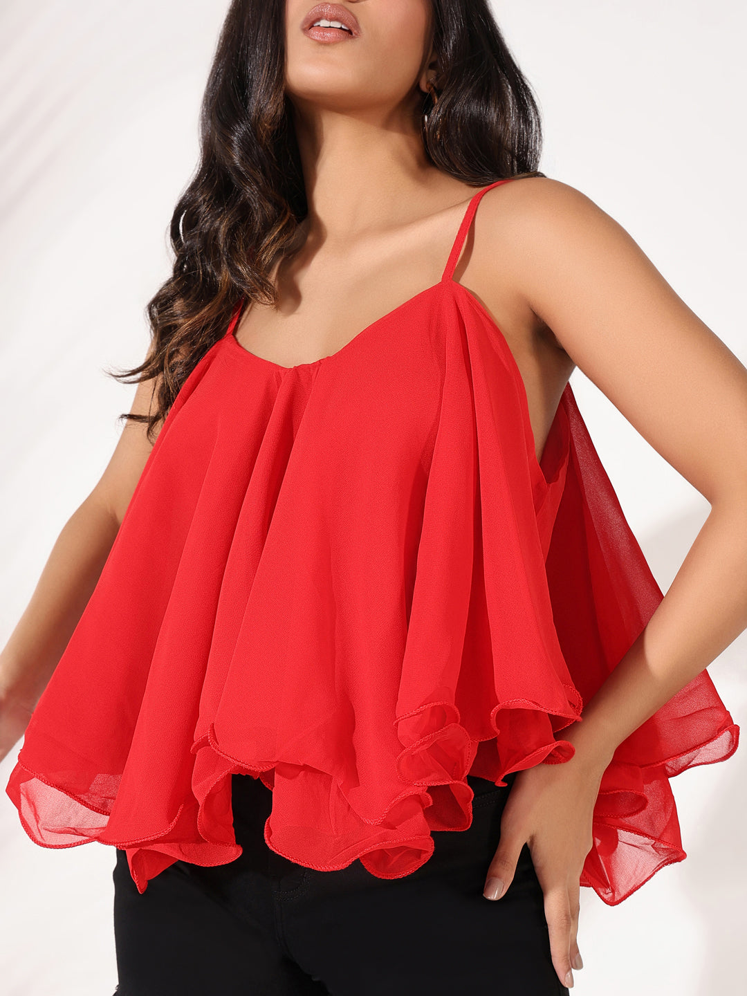 Women Red Solid A Line Top