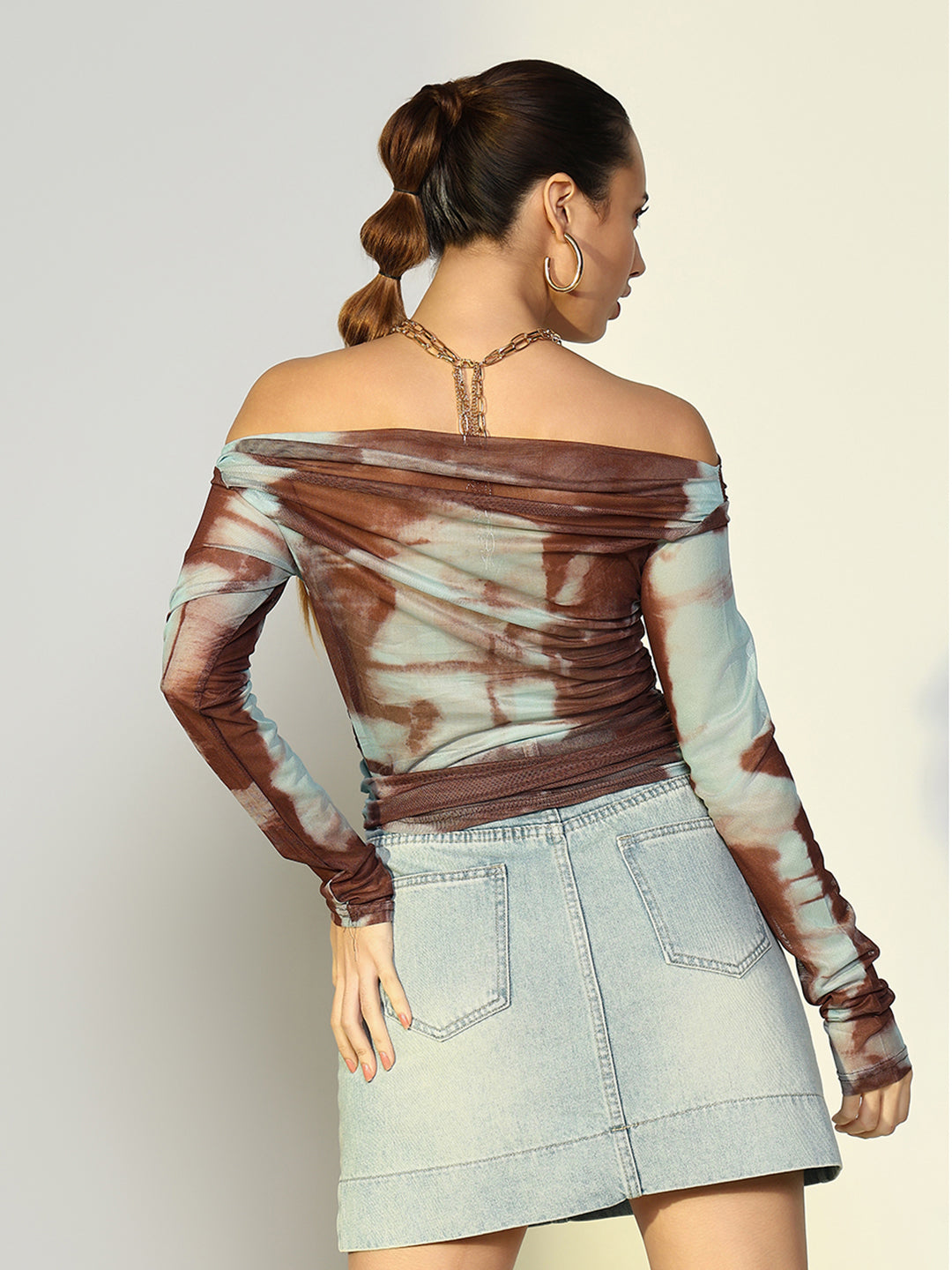 Women Abstract Off Shoulder Brown Top