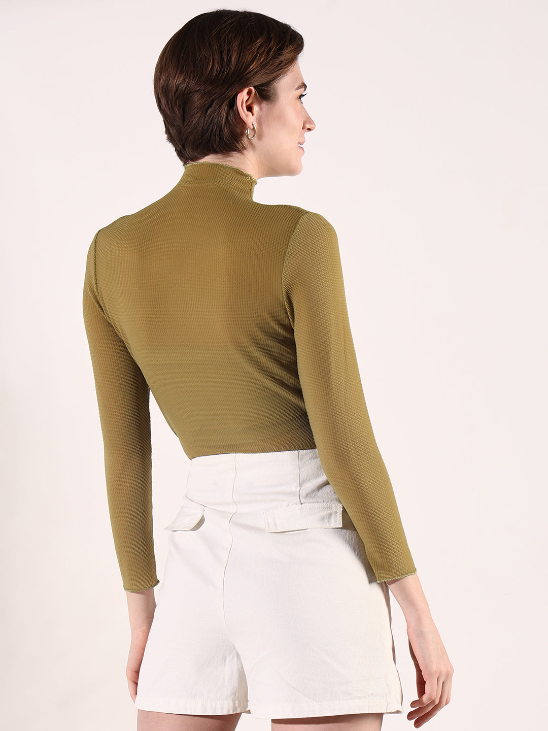 Women Olive Solid Fitted Top