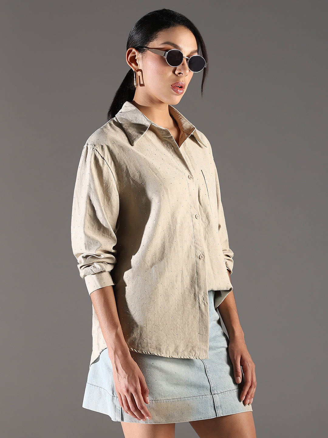 Women Beige Solid Shirt