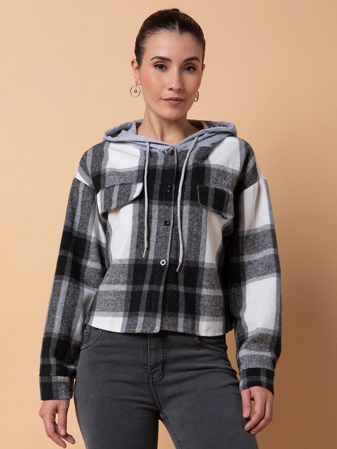 Women Checked Hooded Black Oversized Shirt