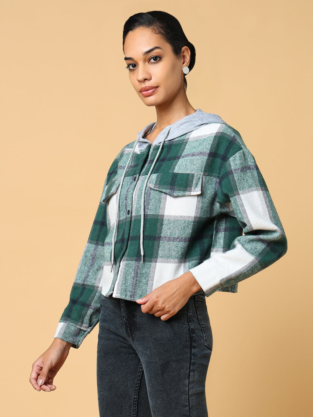 Women Hooded Checked Green Sweatshirt