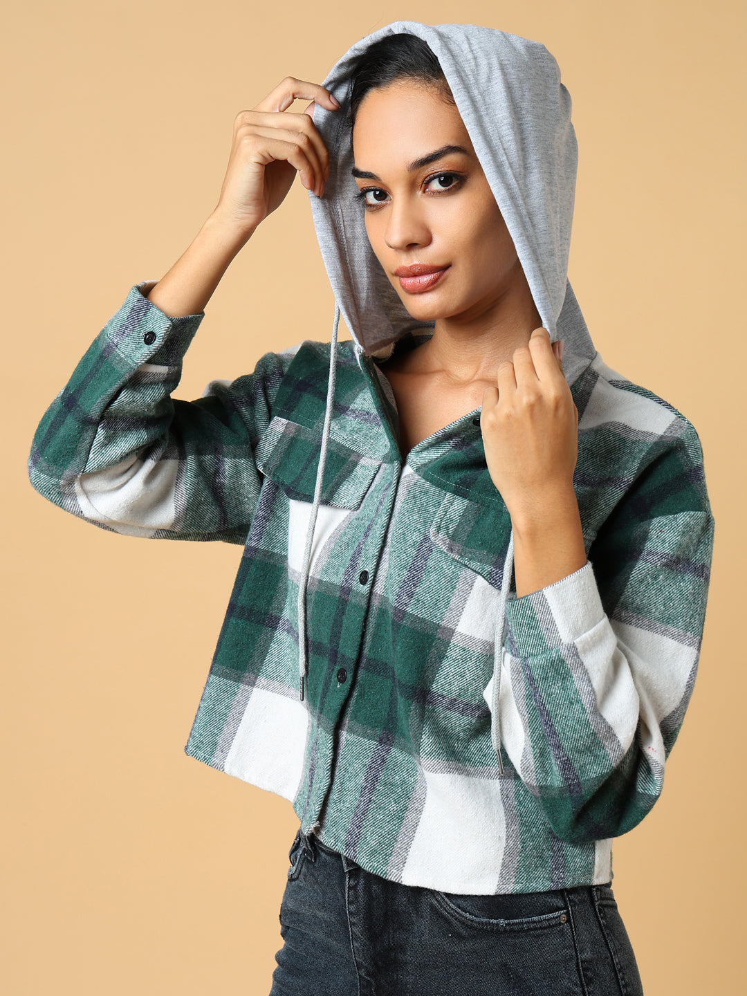 Women Hooded Checked Green Sweatshirt