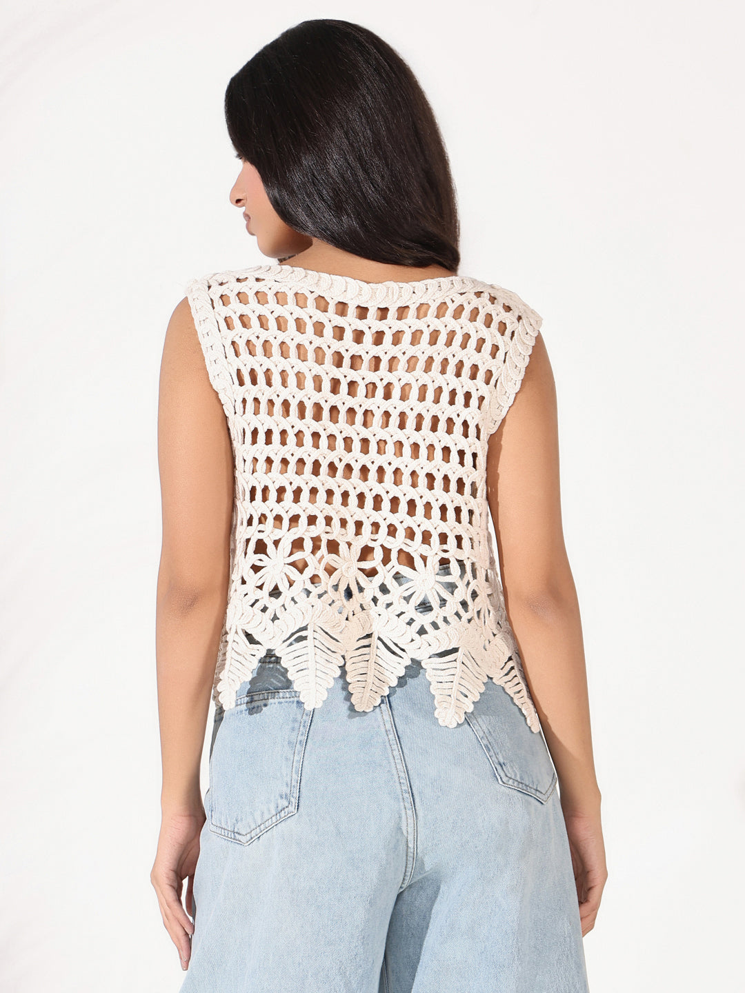 Women Off White Solid Crochet Crop Top