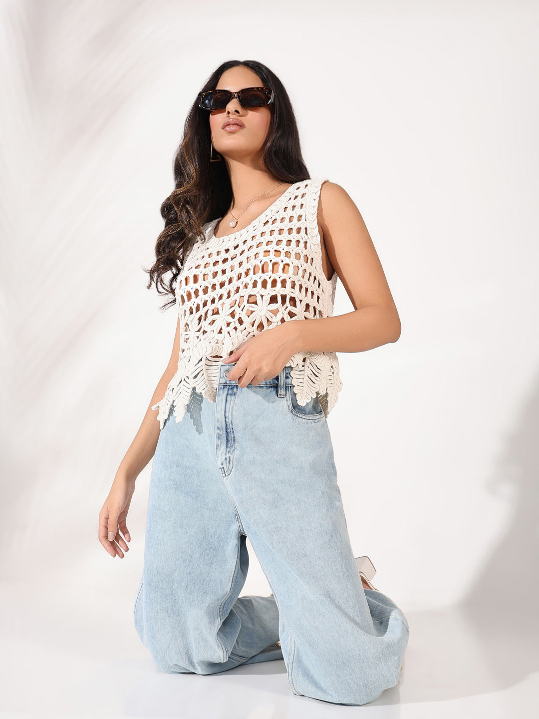 Women Off White Solid Crochet Crop Top