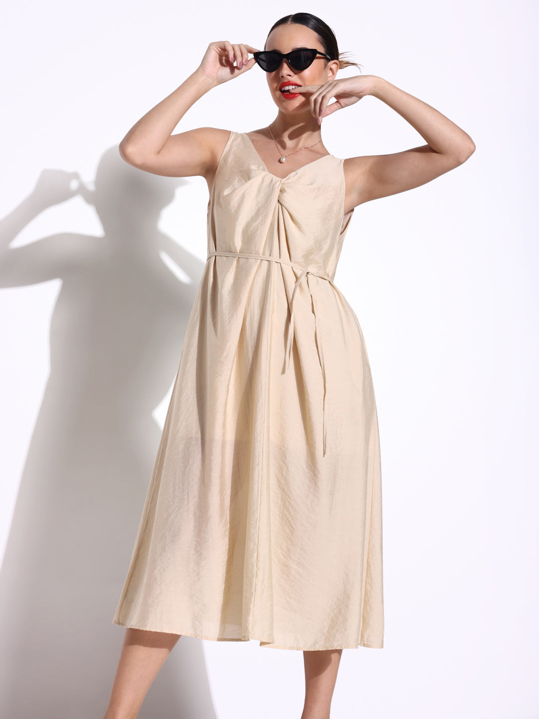 Women Solid Beige A Line Dress