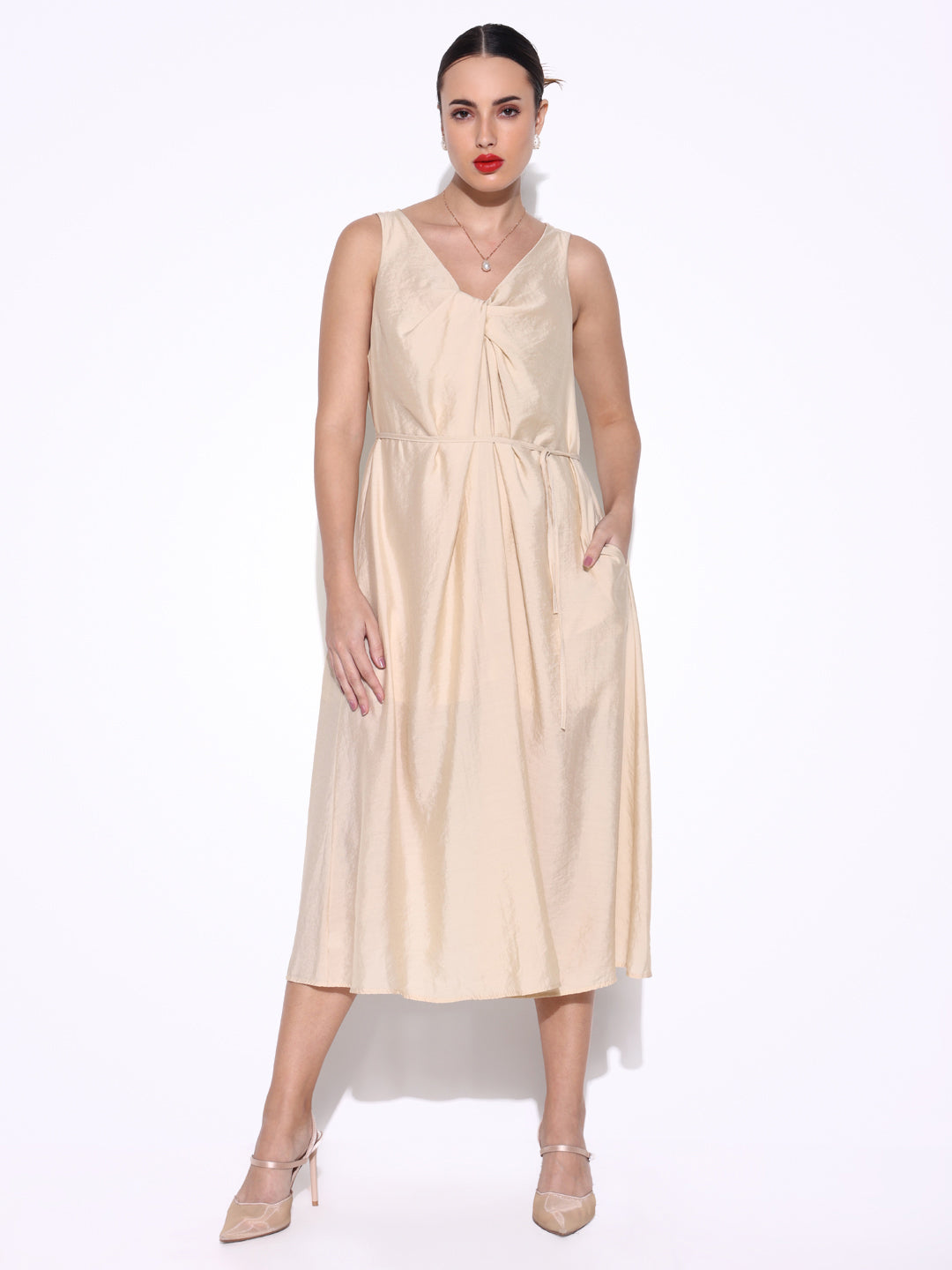 Women Solid Beige A Line Dress