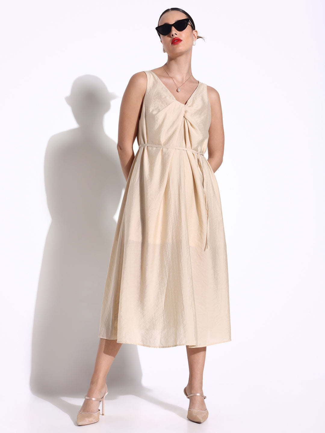 Women Solid Beige A Line Dress