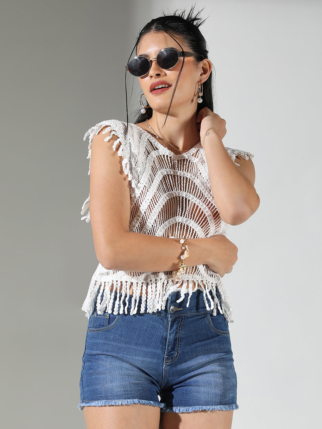 Women White Solid Crop Crochet Top