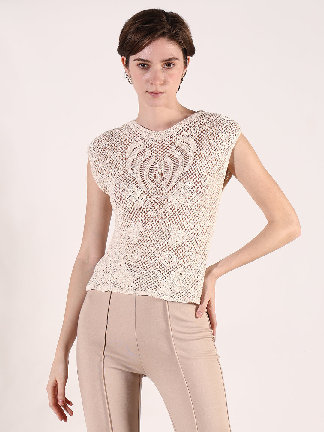 Women Cream Solid Crochet Top