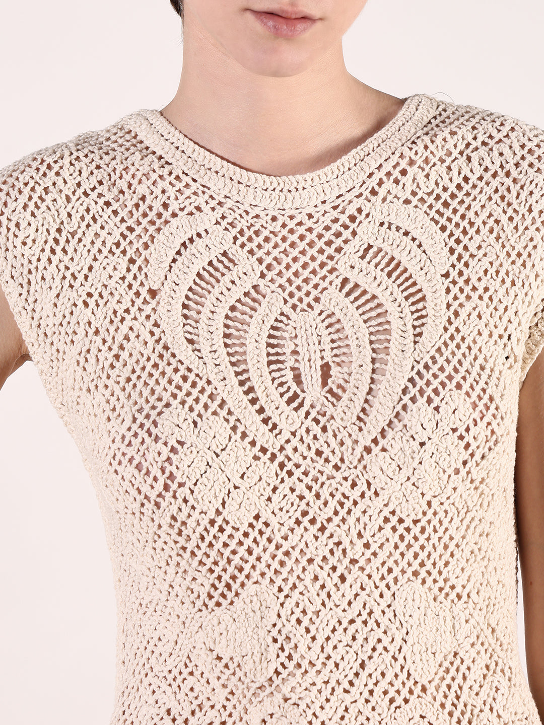 Women Cream Solid Crochet Top