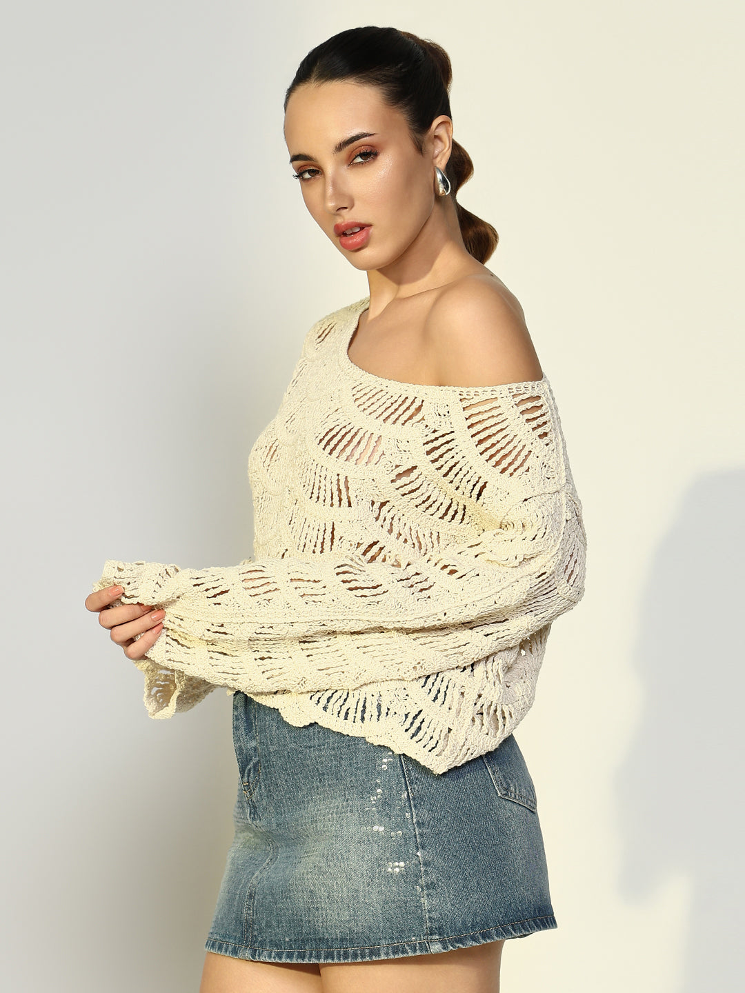 Women Solid Cream Crochet Top