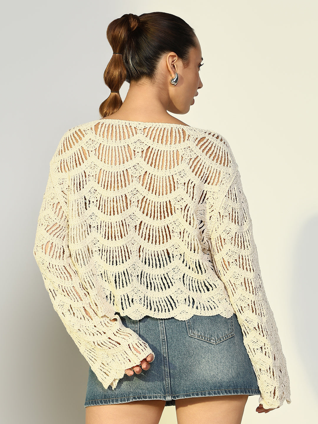 Women Solid Cream Crochet Top