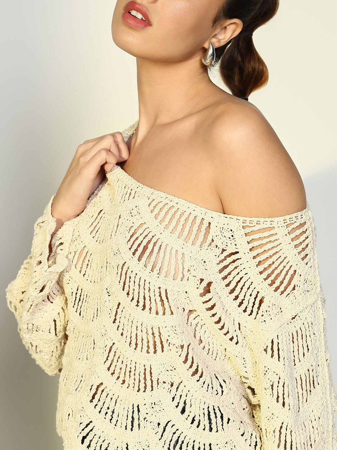 Women Solid Cream Crochet Top