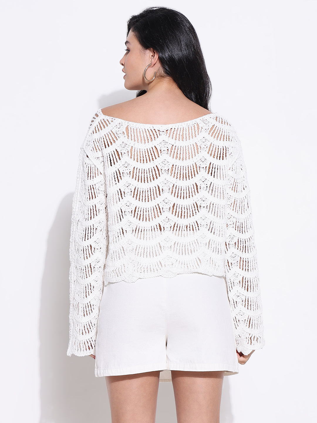 Women White Solid Crochet Top