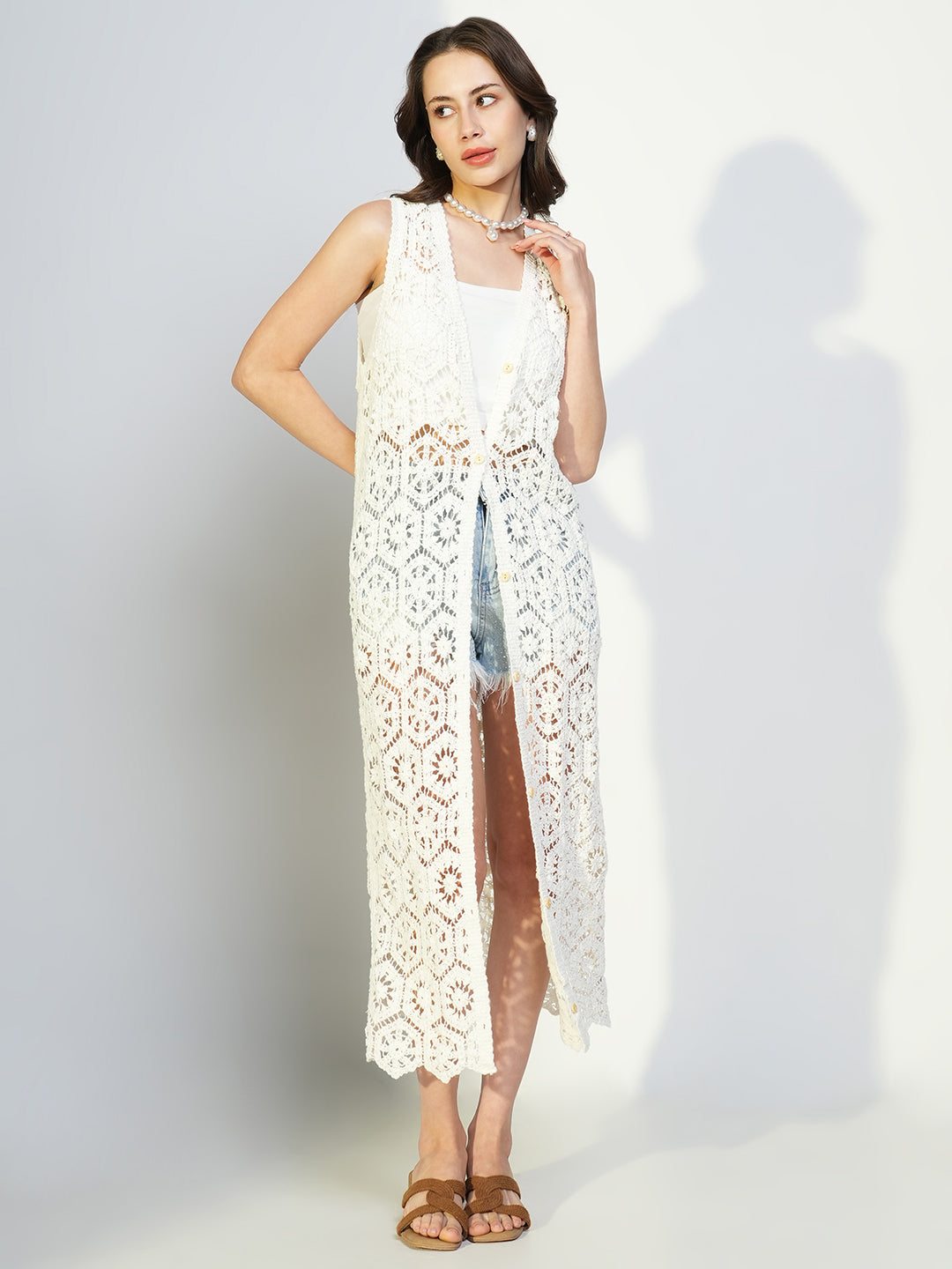 Women Solid White Longline Crochet Shrug