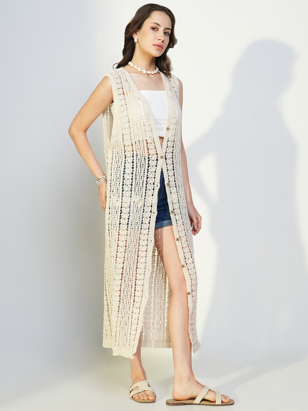 Women Solid Cream Longline Crochet Shrug