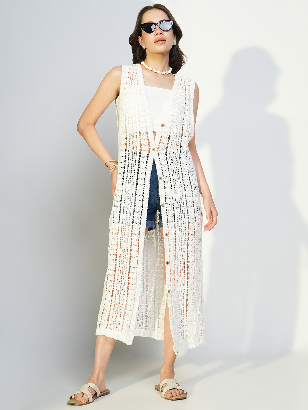 Women Solid White Longline Crochet Shrug