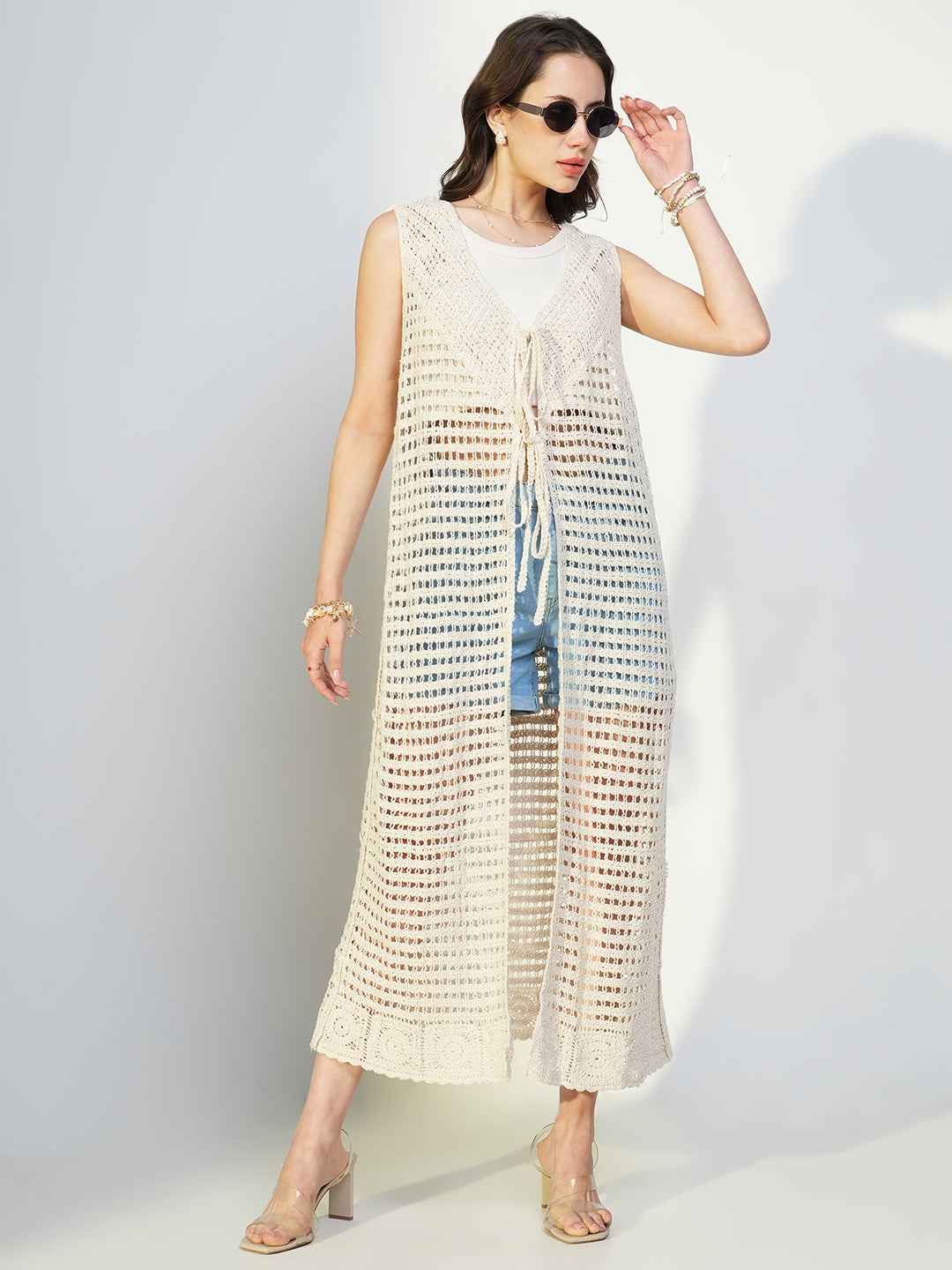 Women Solid Cream Longline Crochet Shrug