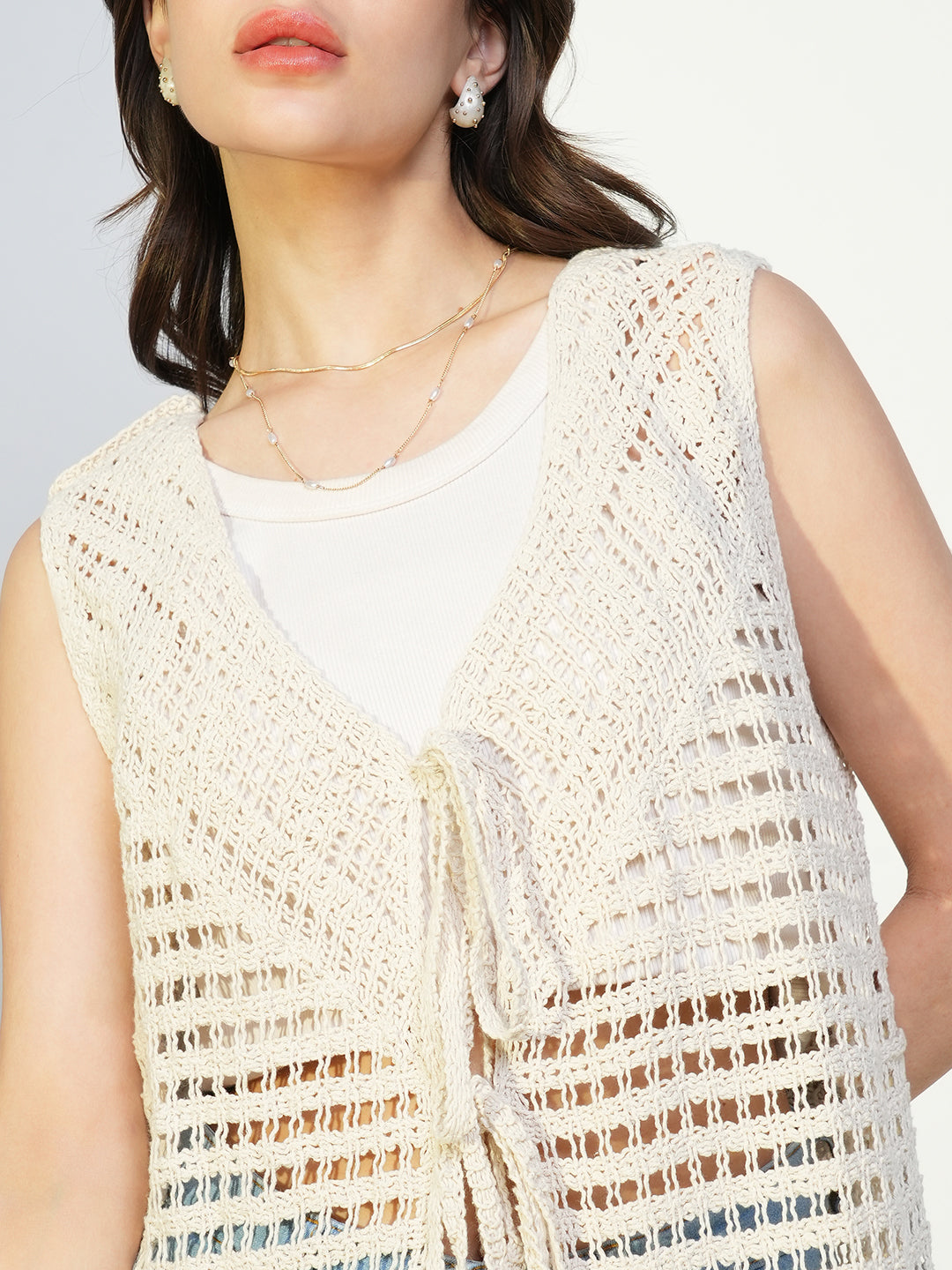 Women Solid Cream Longline Crochet Shrug