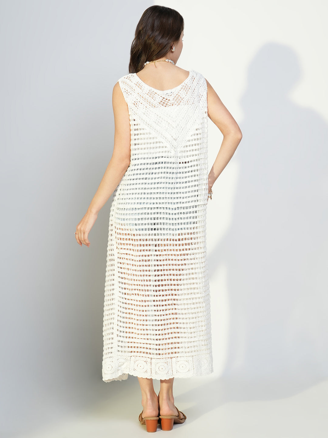 Women Solid White Longline Crochet Shrug