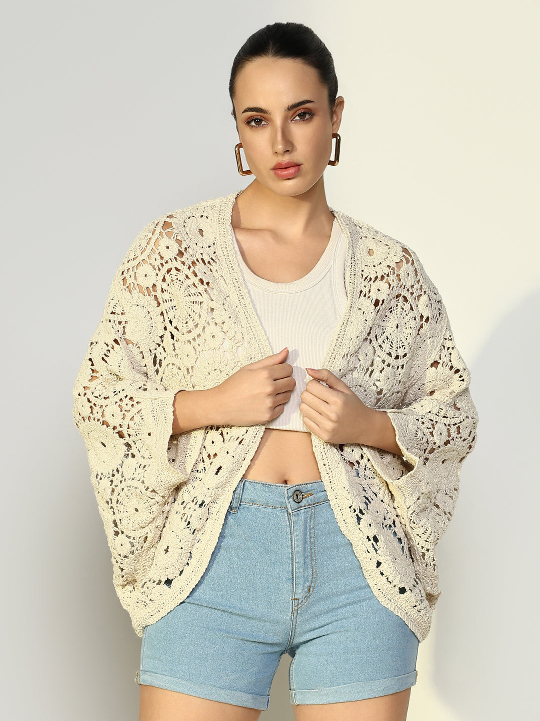 Women Solid Cream Crochet Shrug