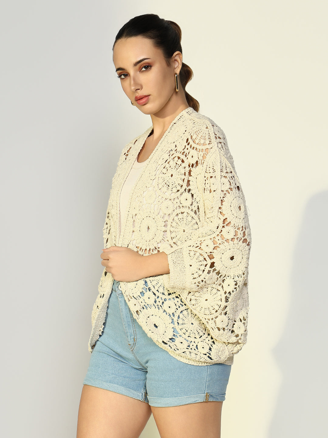 Women Solid Cream Crochet Shrug