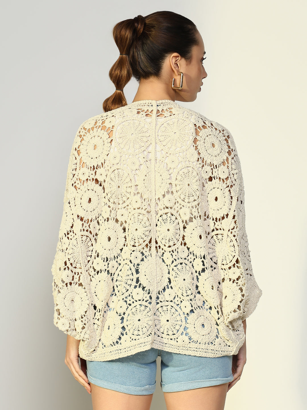 Women Solid Cream Crochet Shrug