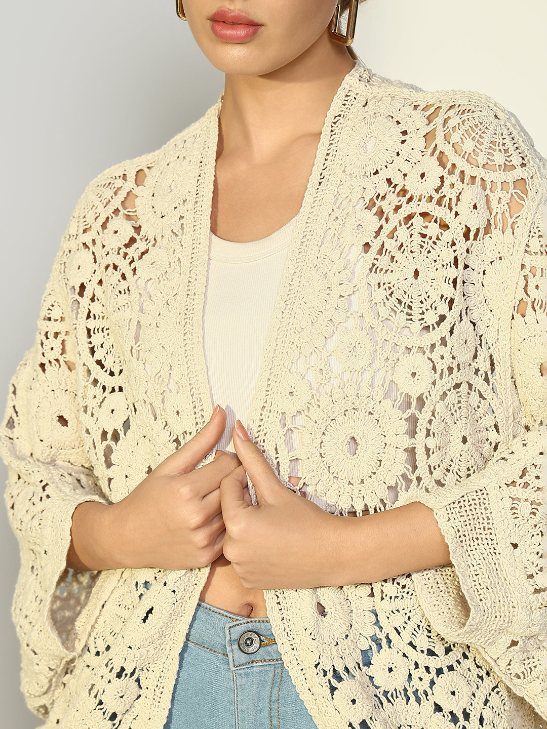 Women Solid Cream Crochet Shrug