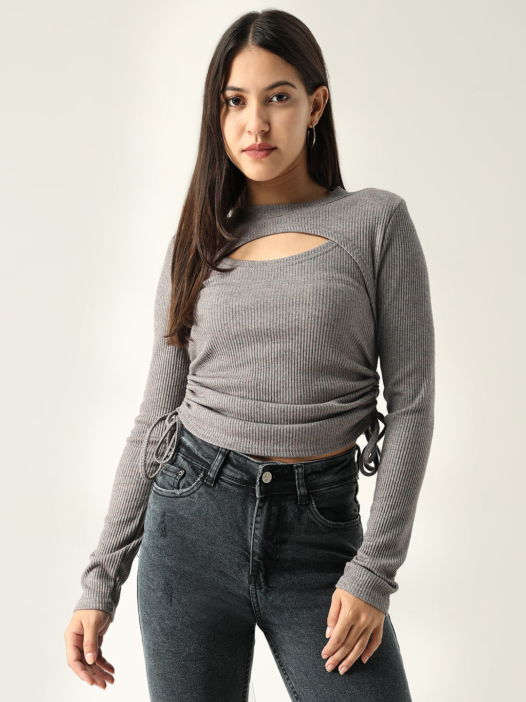 Women Solid Grey Fitted Top