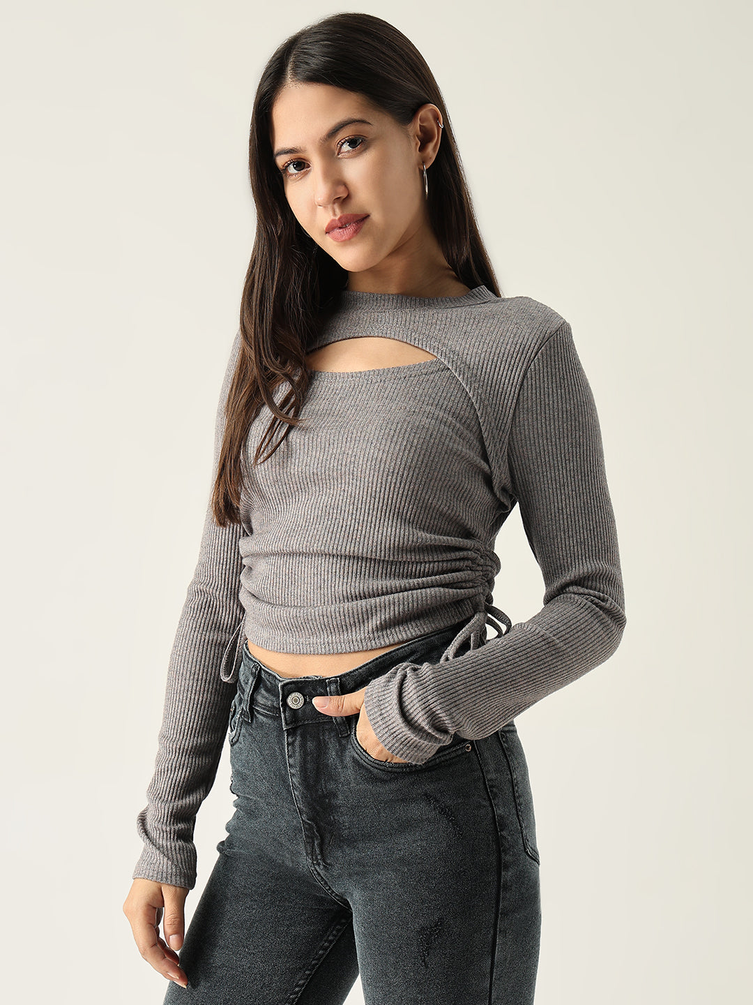 Women Solid Grey Fitted Top