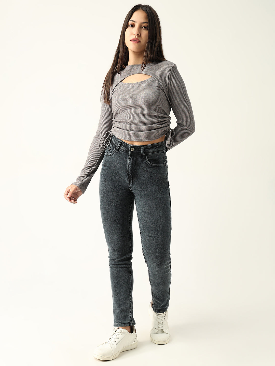 Women Solid Grey Fitted Top