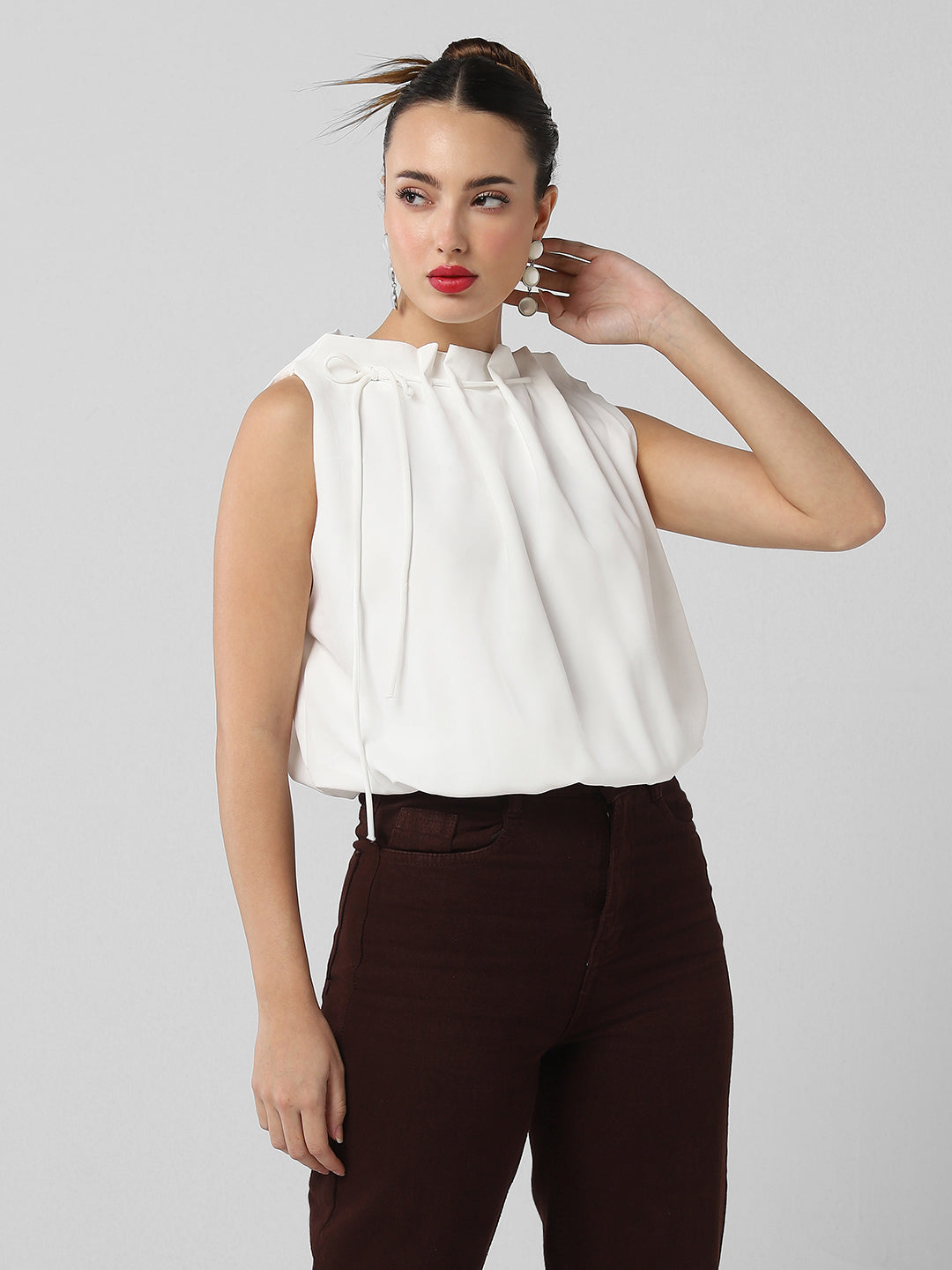 Women White Solid Blouson Crop Top