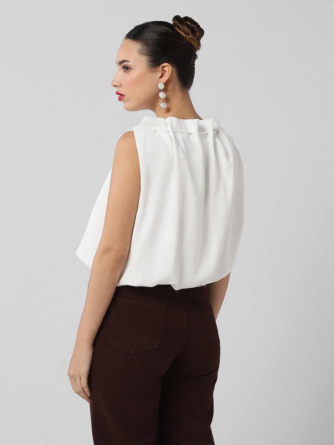 Women White Solid Blouson Crop Top