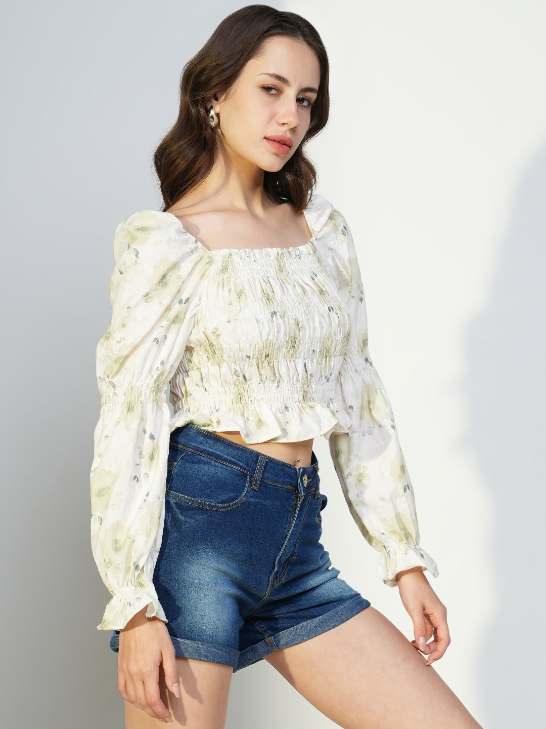 Women Green Floral Crop Top