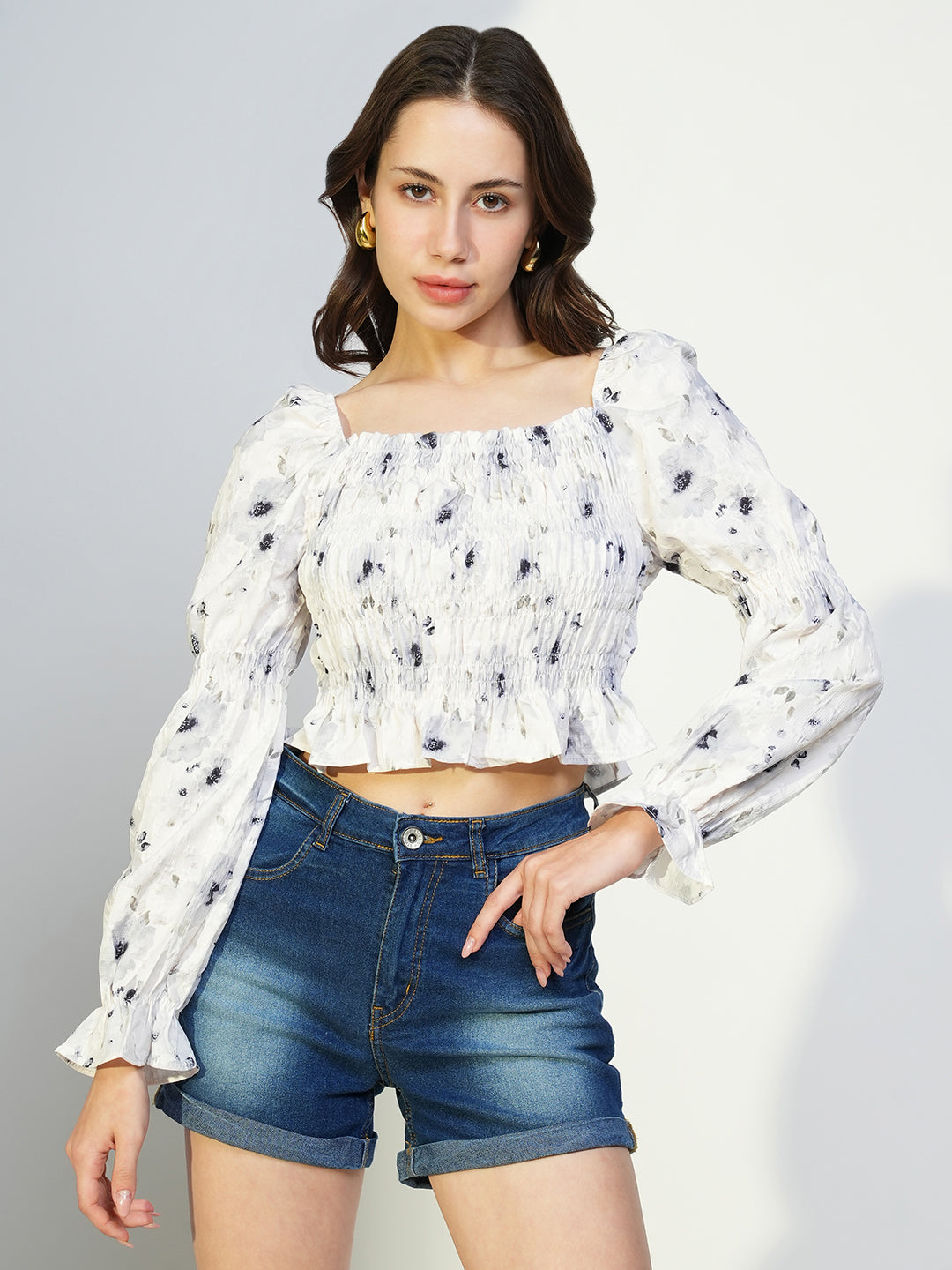 Women Grey Floral Crop Top