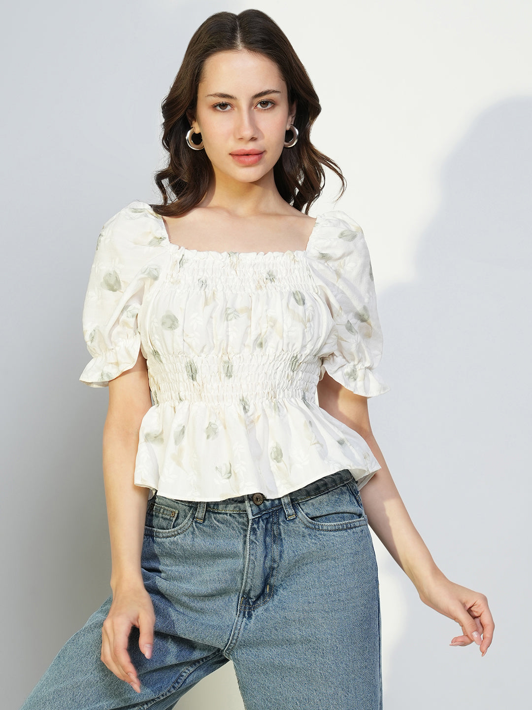 Women Off White Floral Peplum Top