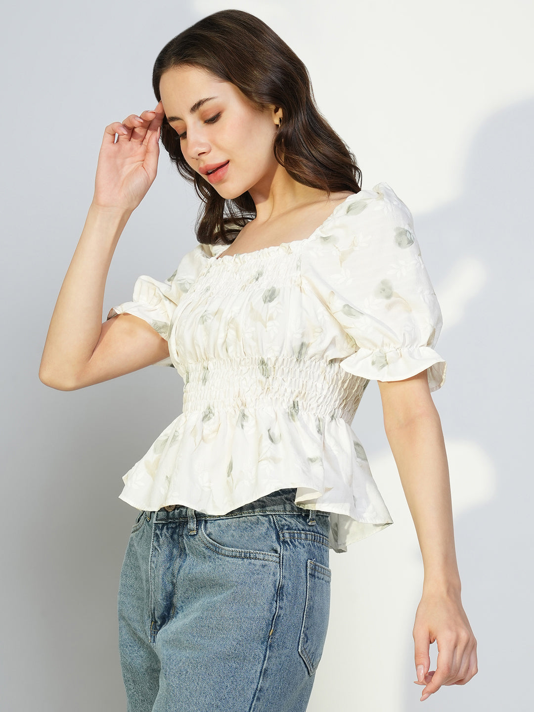 Women Off White Floral Peplum Top