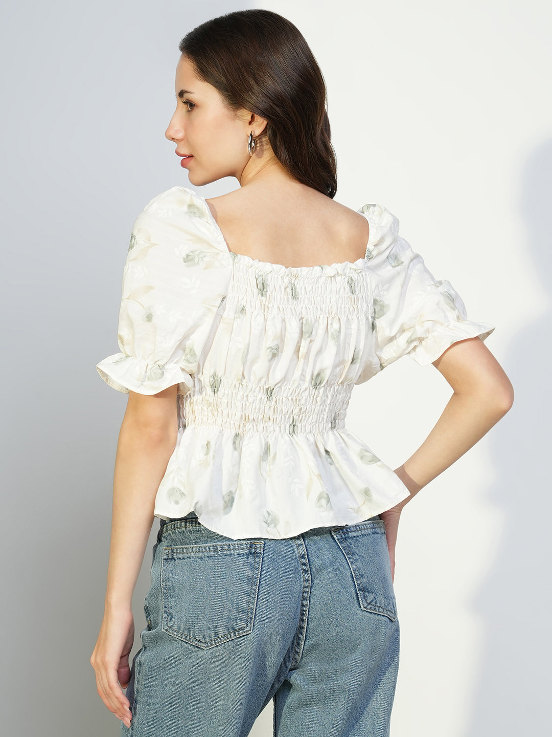 Women Off White Floral Peplum Top