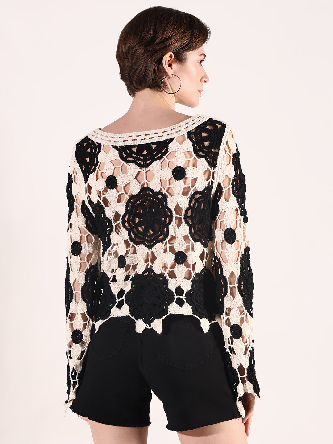 Women Black Floral Crochet Top