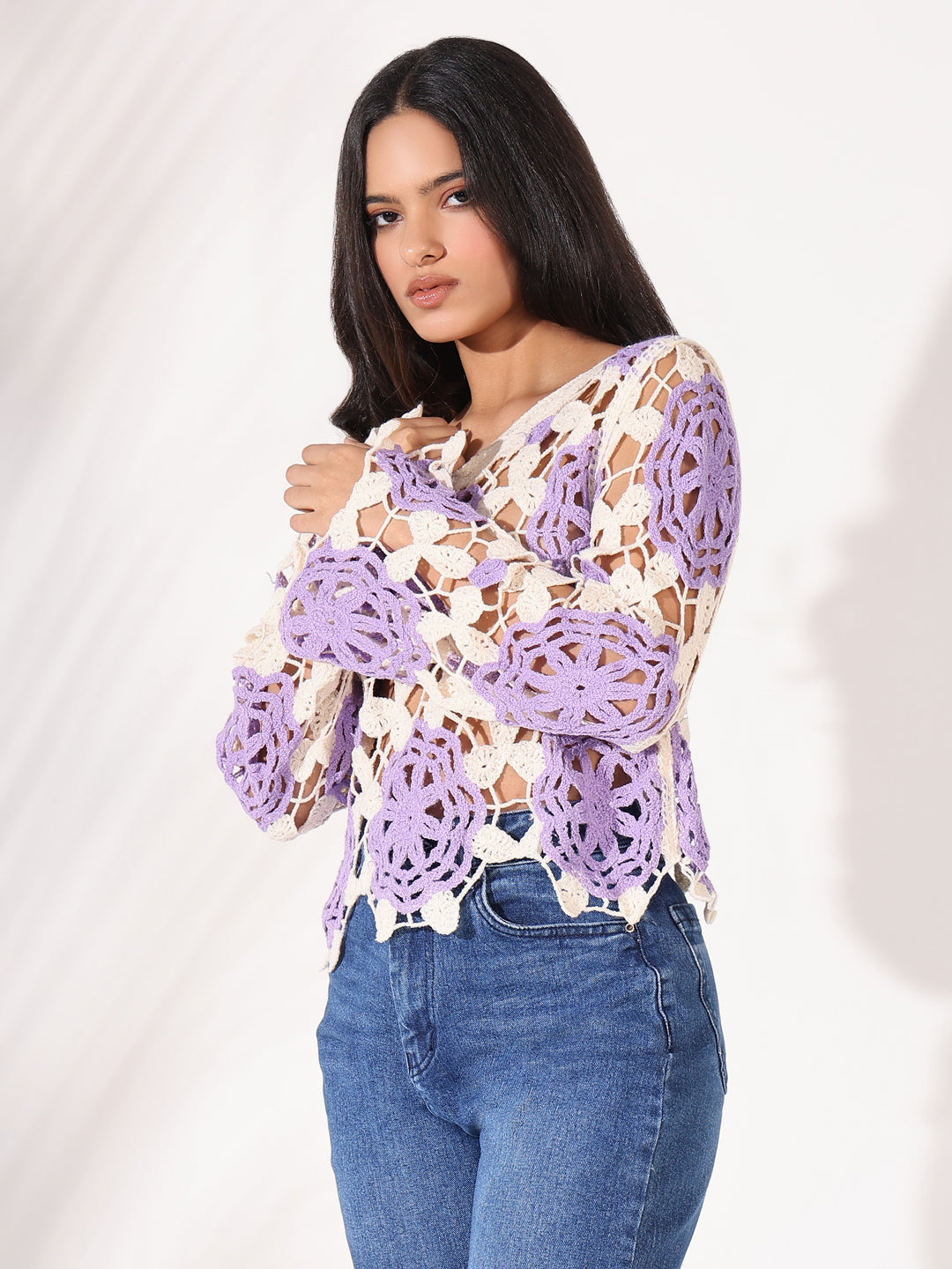 Women Purple Floral Crochet Crop Top