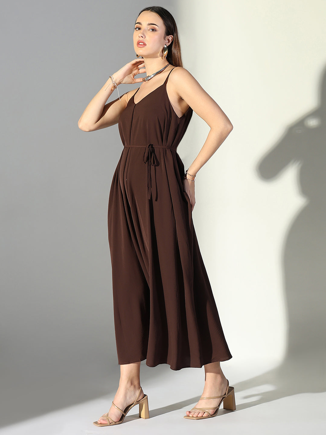 Women Brown Solid Fit and Flare Dress